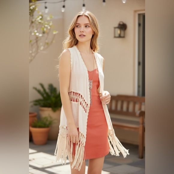 Twice Chic Boutique Tops - NEW•Zen Bohemian•Boho Chic Cream Fringe Crochet Detail Vest